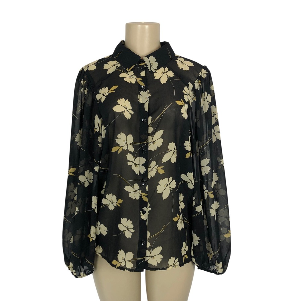 Cabi Sheer Floral Print Button Up Blouse Bishop Sleeve Top Small Business Office